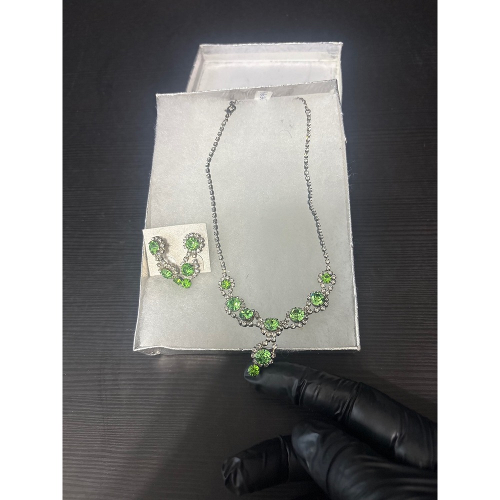 Silver toned necklace & earrings with green stones set